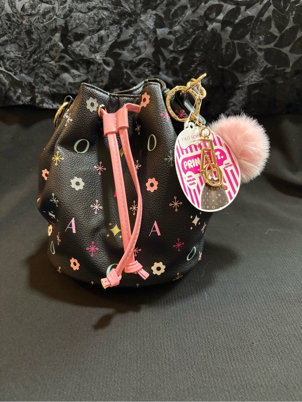 FAO Schwarz Prince St Bucket Bag Black Pink Pom Pom NWT
